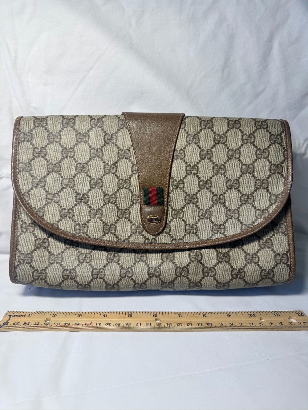 Gucci Beige Brown GG Canvas Clutch with Web Stripe